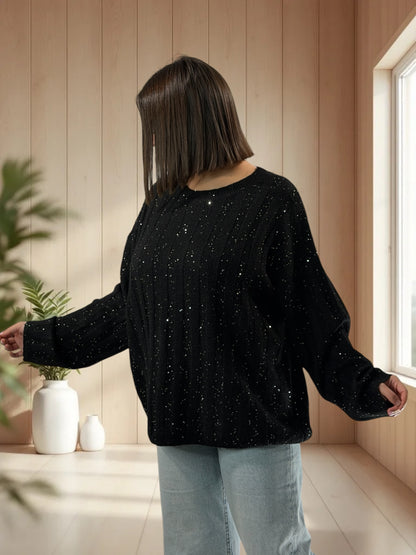 SERENA - PULL OVERSIZE NOIR AVEC SEQUINS JUSQU'A LA TAILLE 52/54