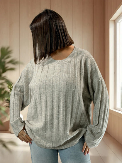 SERENA - PULL OVERSIZE BEIGE AVEC SEQUINS JUSQU'A LA TAILLE 52/54
