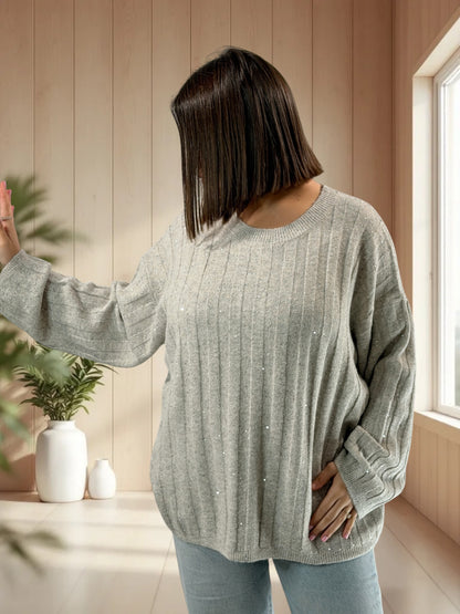 SERENA - PULL OVERSIZE BEIGE AVEC SEQUINS JUSQU'A LA TAILLE 52/54