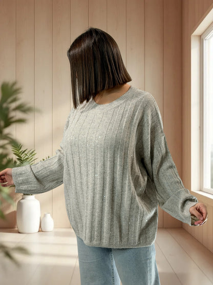 SERENA - PULL OVERSIZE BEIGE AVEC SEQUINS JUSQU'A LA TAILLE 52/54