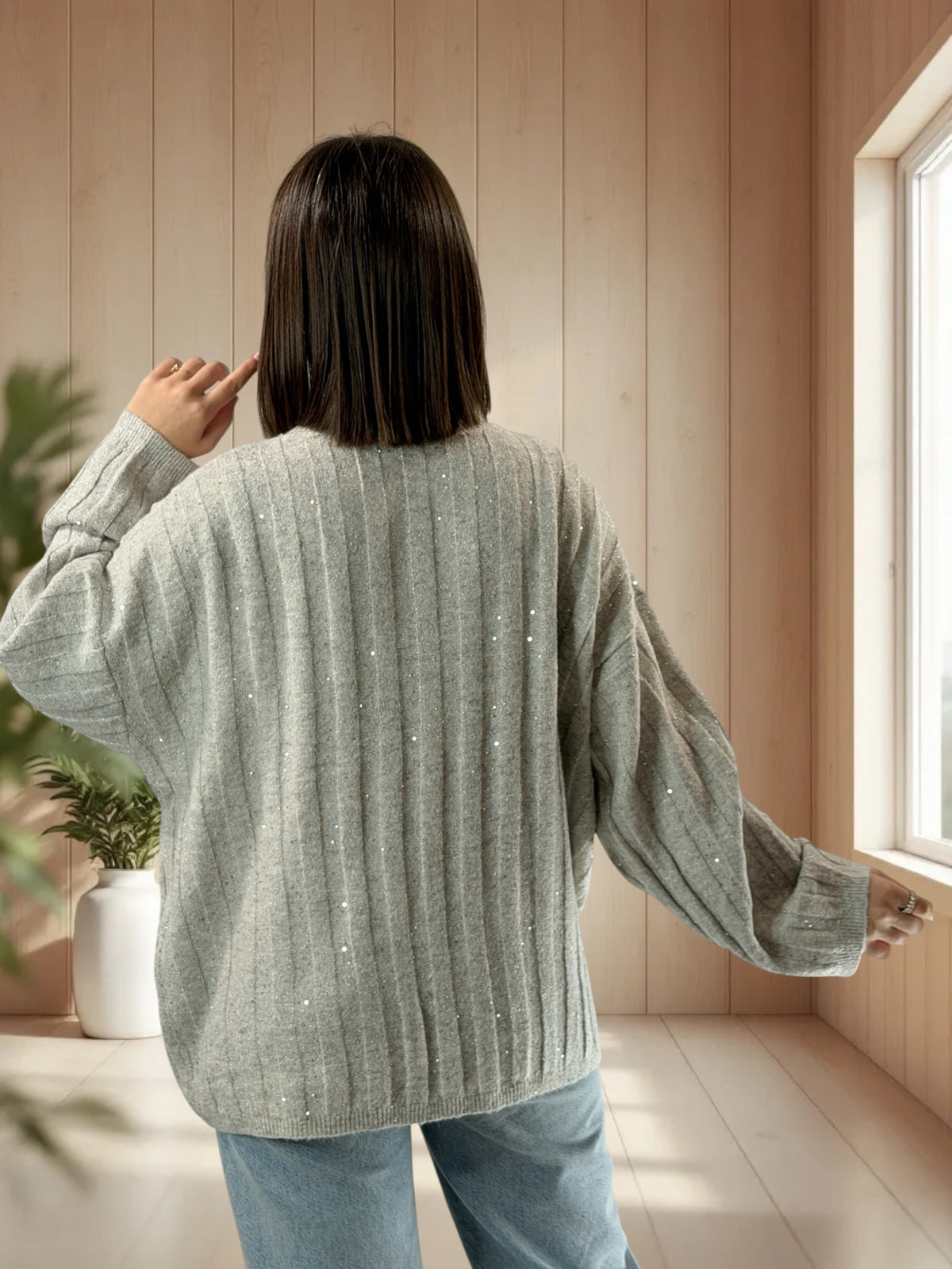 SERENA - PULL OVERSIZE BEIGE AVEC SEQUINS JUSQU'A LA TAILLE 52/54