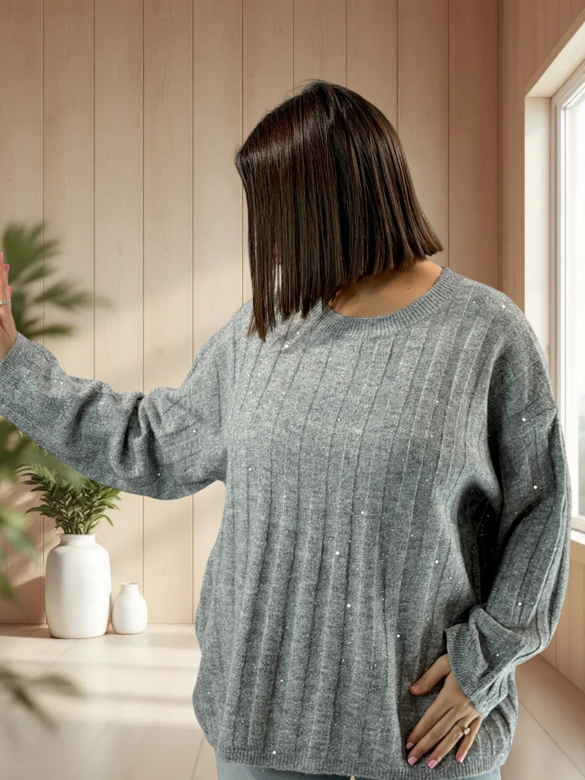 SERENA - PULL OVERSIZE GRIS AVEC SEQUINS JUSQU'A LA TAILLE 52/54