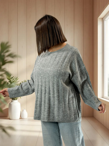 SERENA - PULL OVERSIZE GRIS AVEC SEQUINS JUSQU'A LA TAILLE 52/54