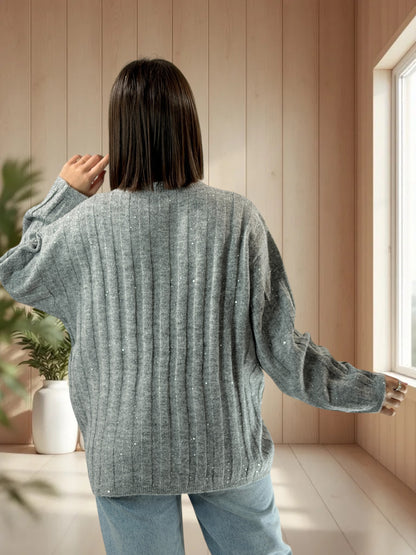 SERENA - PULL OVERSIZE GRIS AVEC SEQUINS JUSQU'A LA TAILLE 52/54