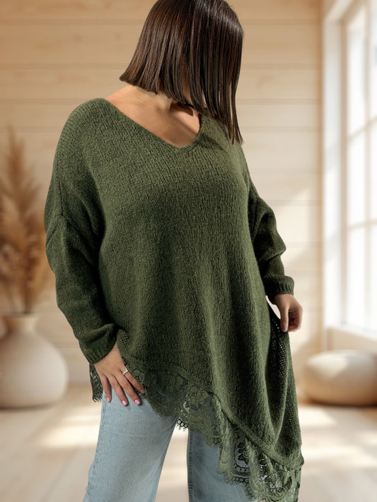 WENDY - PULL OVERSIZE KAKI AVEC DENTELLE JUSQU'A LA TAILLE 54/56