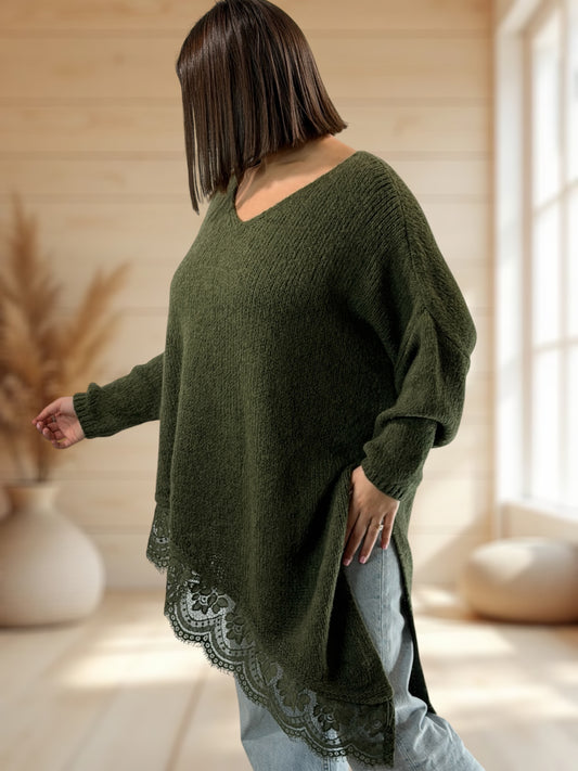 WENDY - PULL OVERSIZE KAKI AVEC DENTELLE JUSQU'A LA TAILLE 54/56