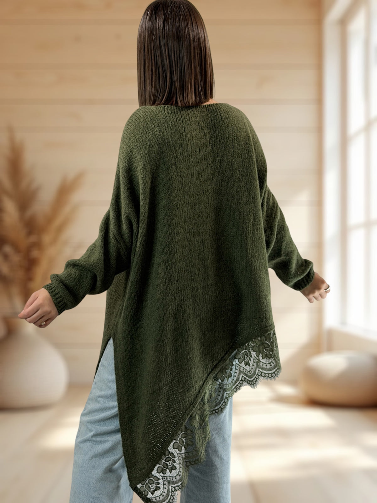 WENDY - PULL OVERSIZE KAKI AVEC DENTELLE JUSQU'A LA TAILLE 54/56