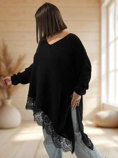 WENDY - PULL OVERSIZE NOIR AVEC DENTELLE JUSQU'A LA TAILLE 54/56