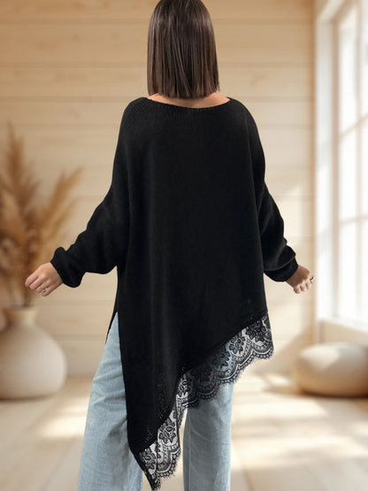 WENDY - PULL OVERSIZE NOIR AVEC DENTELLE JUSQU'A LA TAILLE 54/56
