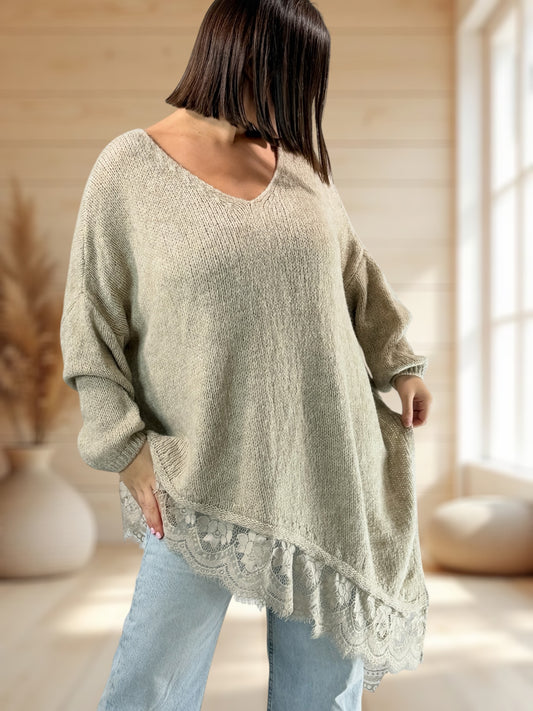 WENDY - PULL OVERSIZE BEIGE AVEC DENTELLE JUSQU'A LA TAILLE 54/56