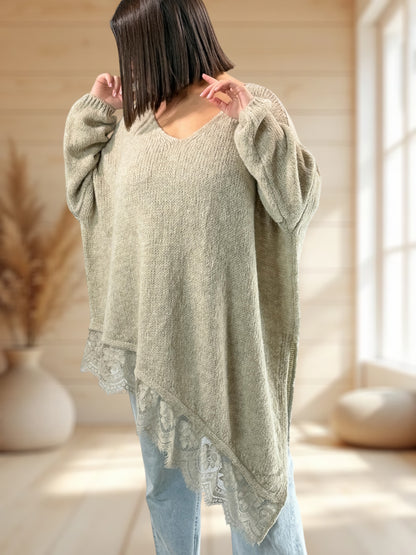 WENDY - PULL OVERSIZE BEIGE AVEC DENTELLE JUSQU'A LA TAILLE 54/56