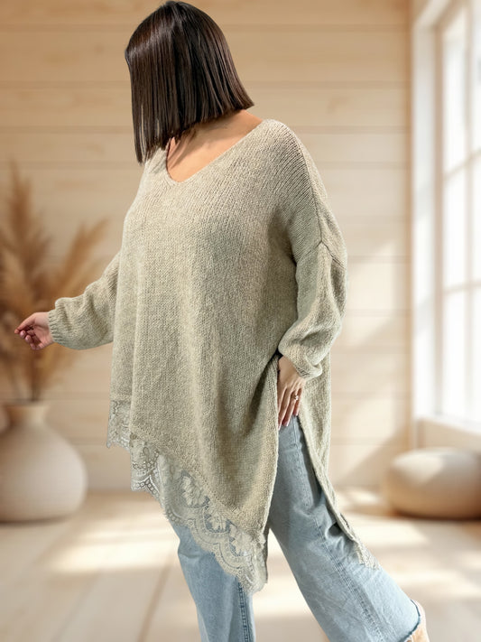 WENDY - PULL OVERSIZE BEIGE AVEC DENTELLE JUSQU'A LA TAILLE 54/56