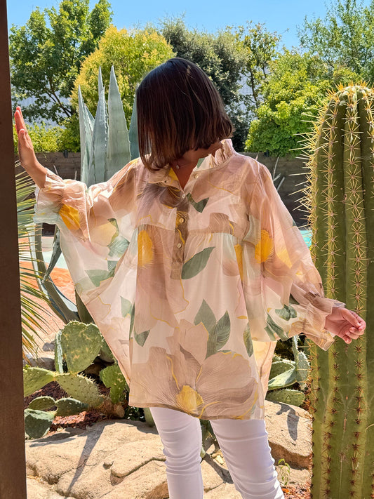 MARJORIE - BLOUSE FLEUR BEIGE OVERSIZE  JUSQU'A LA TAILLE 54