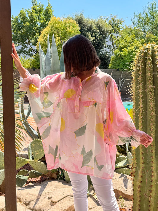 MARJORIE - BLOUSE FLEUR ROSE OVERSIZE  JUSQU'A LA TAILLE 54