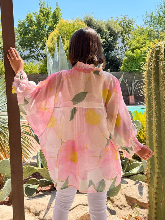 MARJORIE - BLOUSE FLEUR ROSE OVERSIZE  JUSQU'A LA TAILLE 54