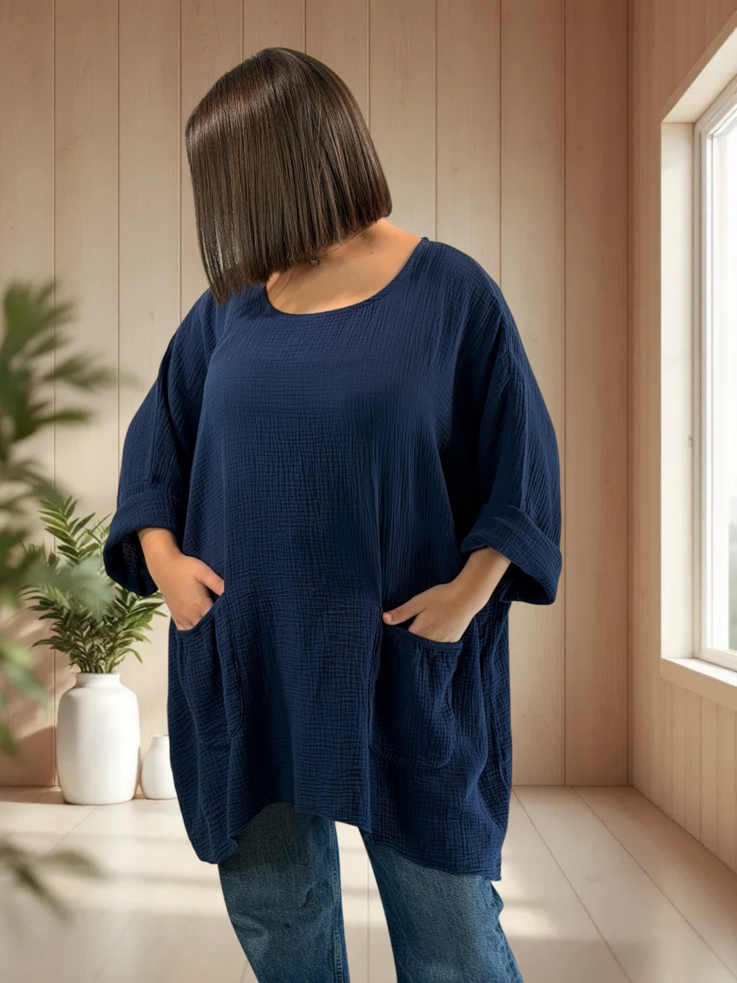 ANAIS - TUNIQUE OVERSIZE MARINE EN GAZE DE COTON JUSQU'A LA TAILLE 58