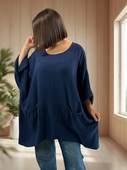 ANAIS - TUNIQUE OVERSIZE MARINE EN GAZE DE COTON JUSQU'A LA TAILLE 58