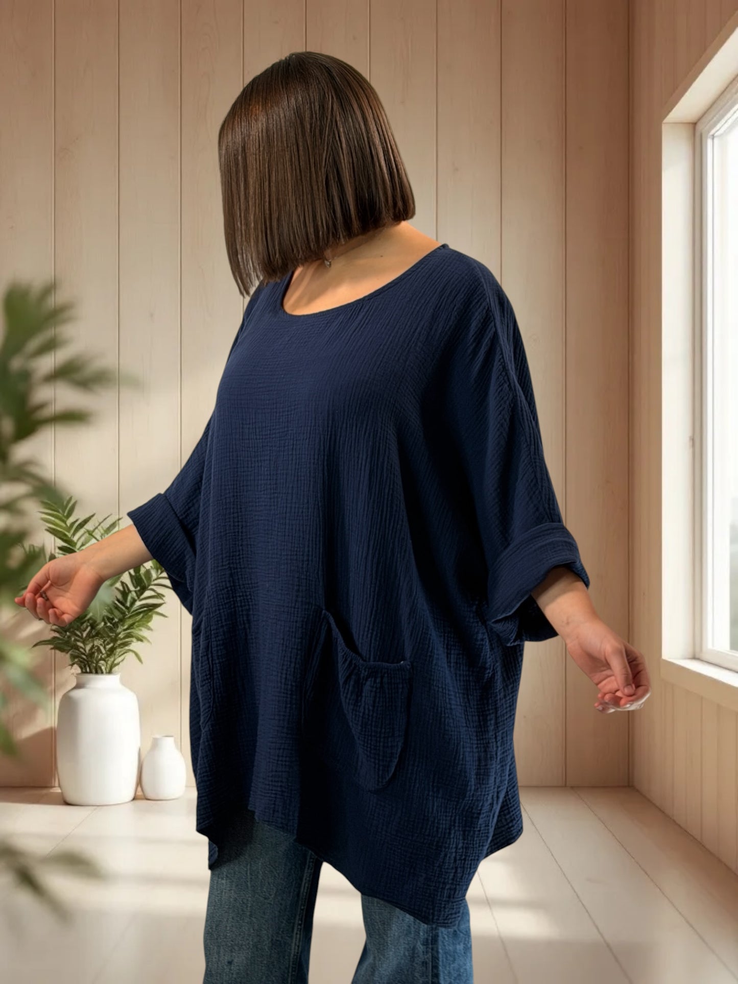 ANAIS - TUNIQUE OVERSIZE MARINE EN GAZE DE COTON JUSQU'A LA TAILLE 58