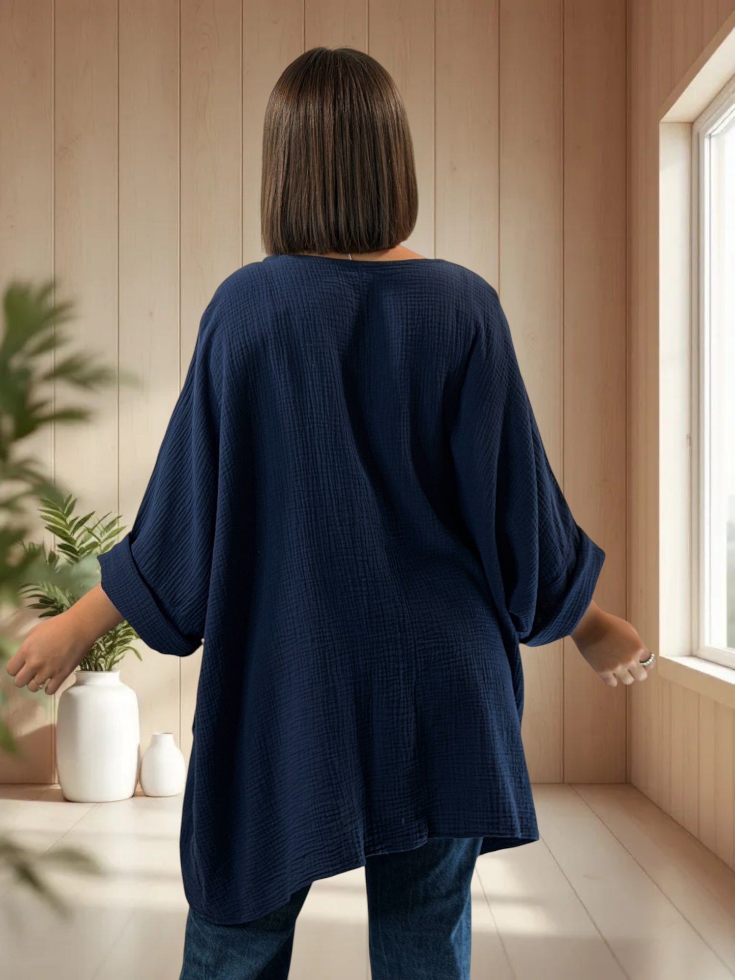 ANAIS - TUNIQUE OVERSIZE MARINE EN GAZE DE COTON JUSQU'A LA TAILLE 58