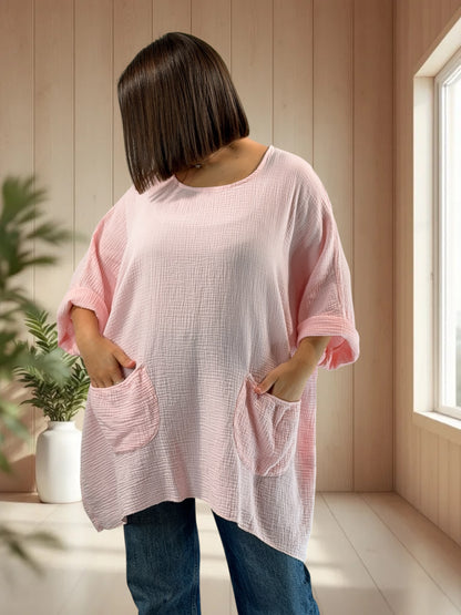 ANAIS - TUNIQUE OVERSIZE ROSE EN GAZE DE COTON JUSQU'A LA TAILLE 58
