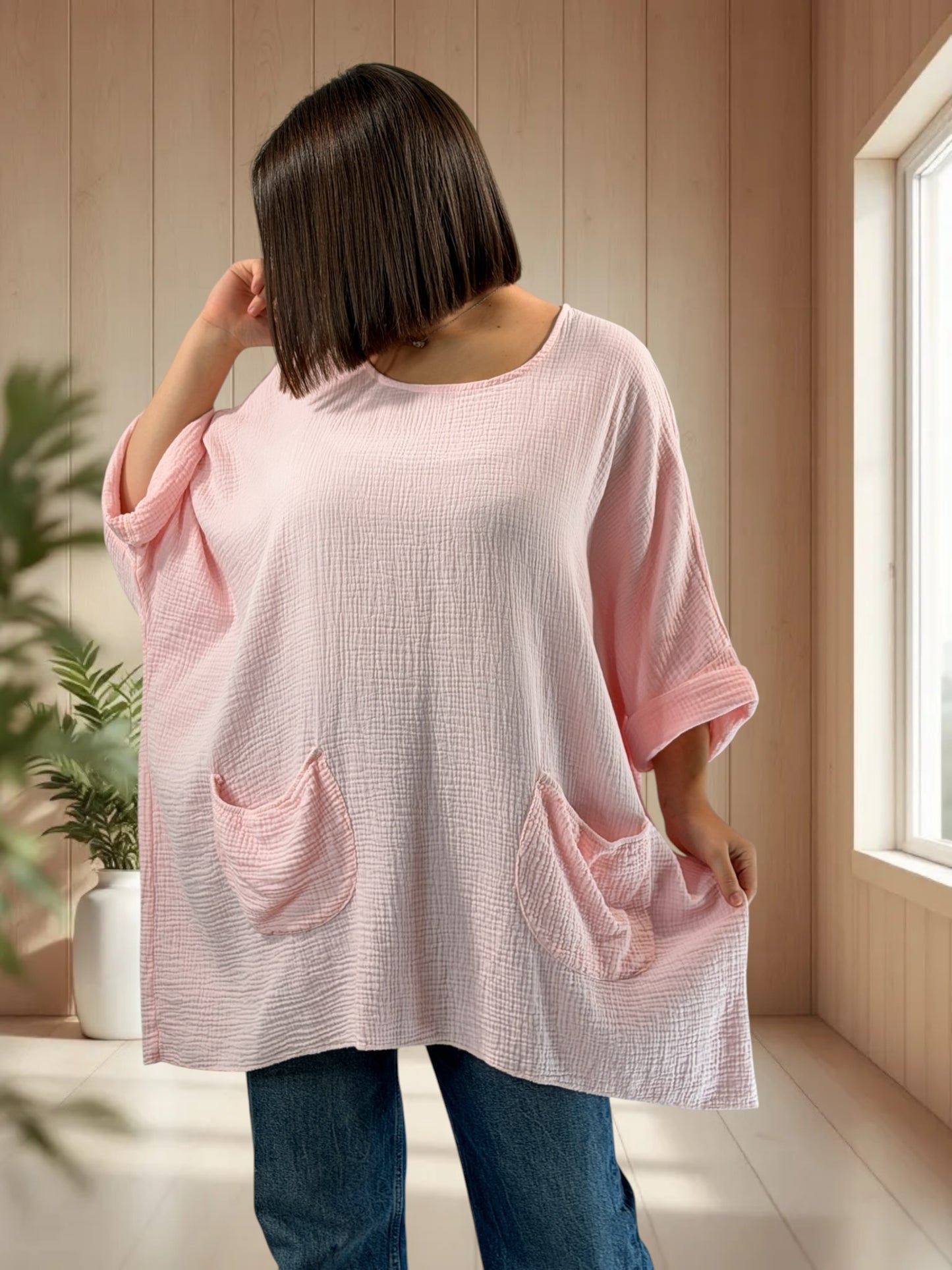 ANAIS - TUNIQUE OVERSIZE ROSE EN GAZE DE COTON JUSQU'A LA TAILLE 58