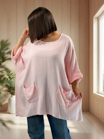ANAIS - TUNIQUE OVERSIZE ROSE EN GAZE DE COTON JUSQU'A LA TAILLE 58