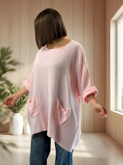 ANAIS - TUNIQUE OVERSIZE ROSE EN GAZE DE COTON JUSQU'A LA TAILLE 58
