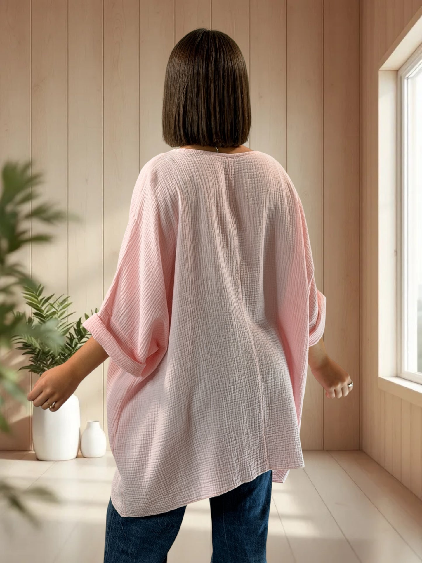 ANAIS - TUNIQUE OVERSIZE ROSE EN GAZE DE COTON JUSQU'A LA TAILLE 58