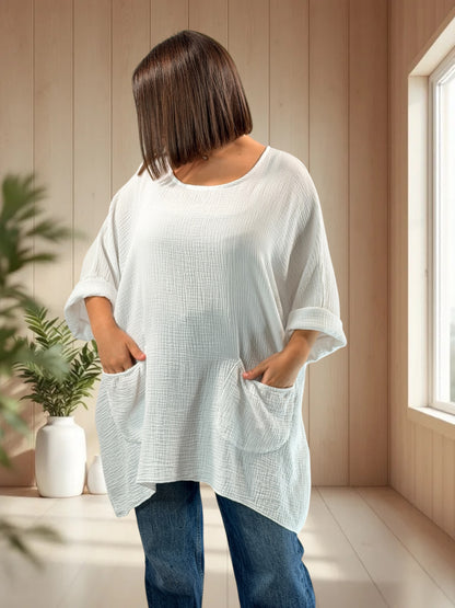 ANAIS - TUNIQUE OVERSIZE BLANCHE EN GAZE DE COTON JUSQU'A LA TAILLE 58