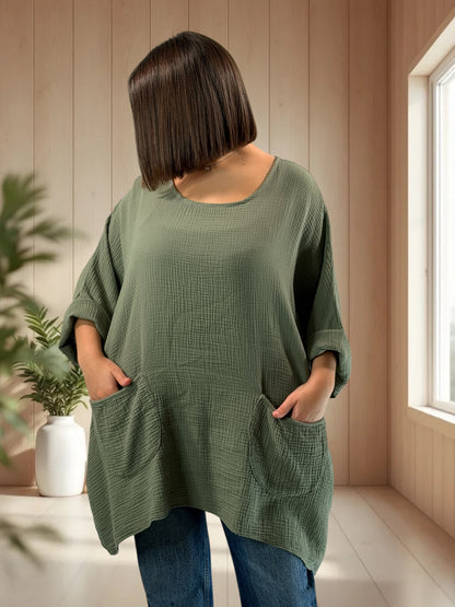 ANAIS - TUNIQUE OVERSIZE KAKI EN GAZE DE COTON JUSQU'A LA TAILLE 58