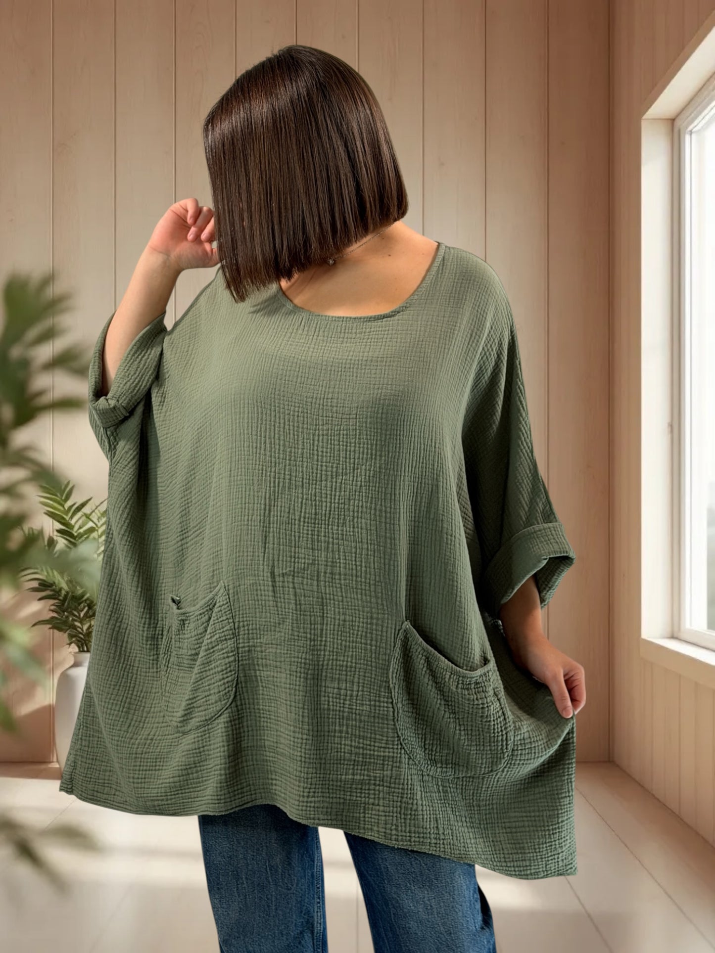 ANAIS - TUNIQUE OVERSIZE KAKI EN GAZE DE COTON JUSQU'A LA TAILLE 58