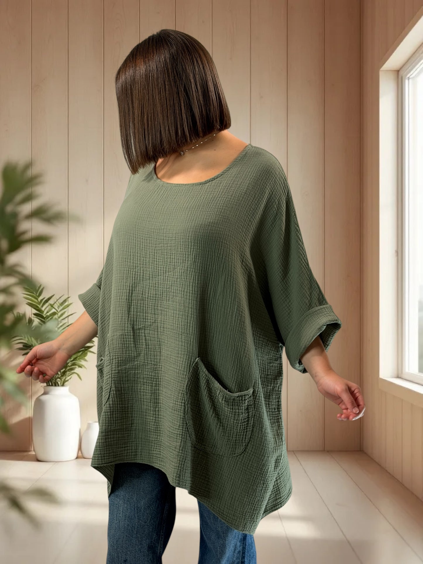 ANAIS - TUNIQUE OVERSIZE KAKI EN GAZE DE COTON JUSQU'A LA TAILLE 58