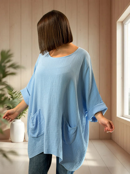 ANAIS - TUNIQUE OVERSIZE BLEUE CIEL EN GAZE DE COTON JUSQU'A LA TAILLE 58