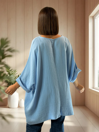 ANAIS - TUNIQUE OVERSIZE BLEUE CIEL EN GAZE DE COTON JUSQU'A LA TAILLE 58