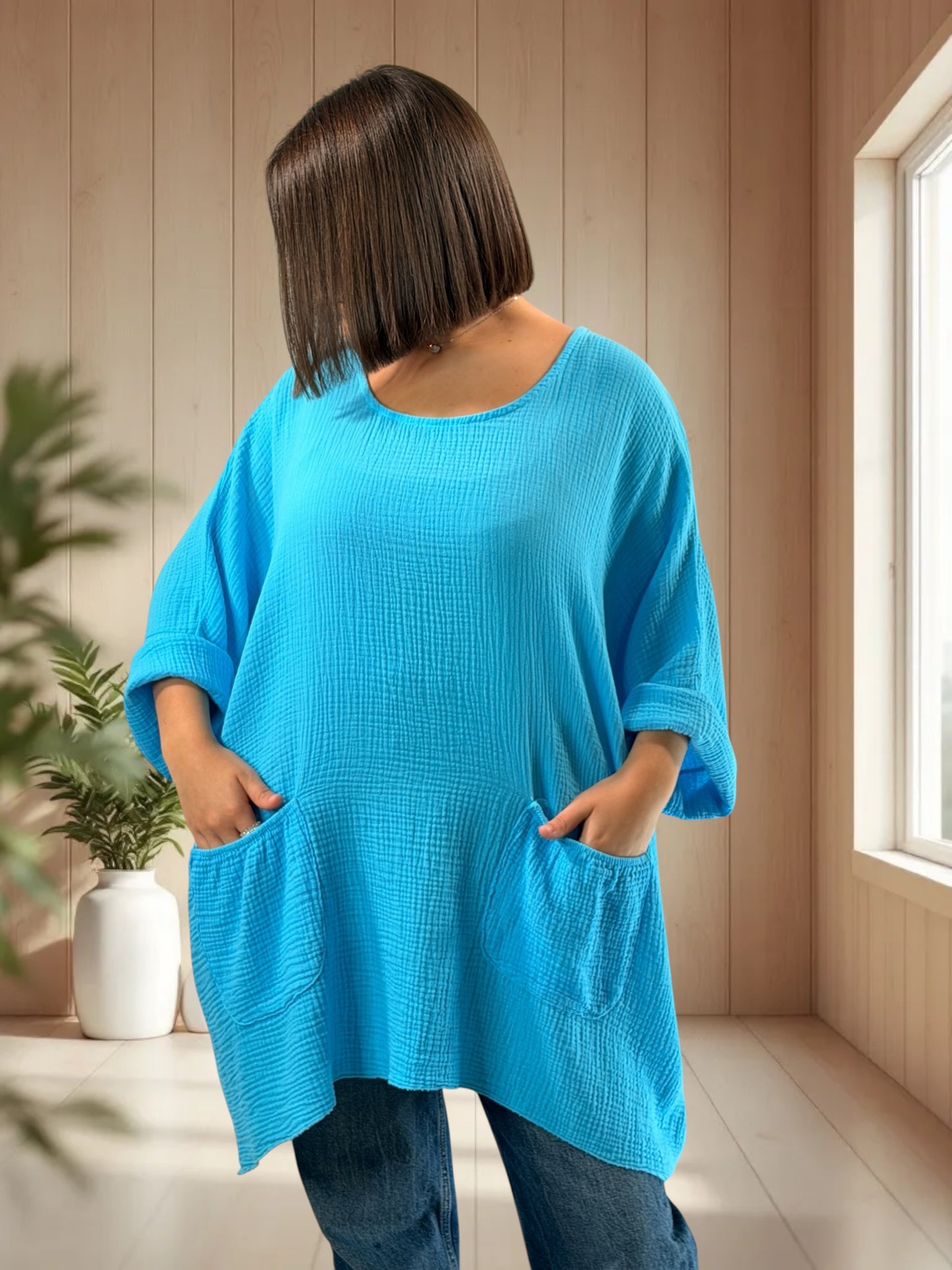 ANAIS - TUNIQUE OVERSIZE LAGON EN GAZE DE COTON JUSQU'A LA TAILLE 58