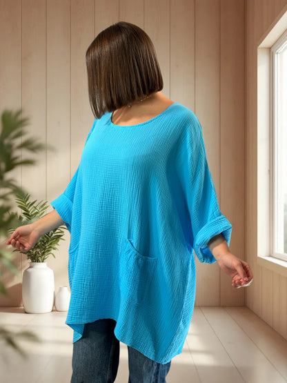 ANAIS - TUNIQUE OVERSIZE LAGON EN GAZE DE COTON JUSQU'A LA TAILLE 58