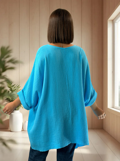 ANAIS - TUNIQUE OVERSIZE LAGON EN GAZE DE COTON JUSQU'A LA TAILLE 58