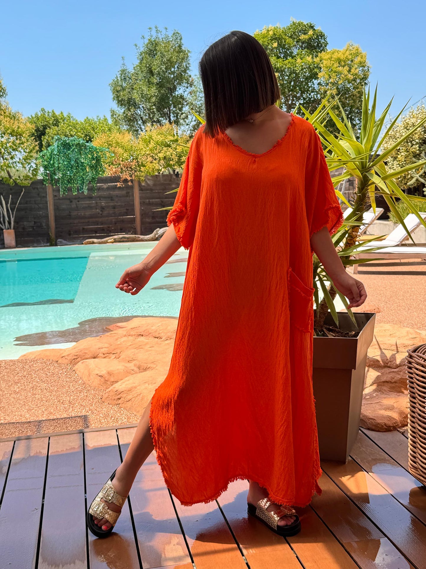 ABBY - ROBE OVERSIZE ORANGE 1 POCHE JUSQU'A LA TAILLE 54