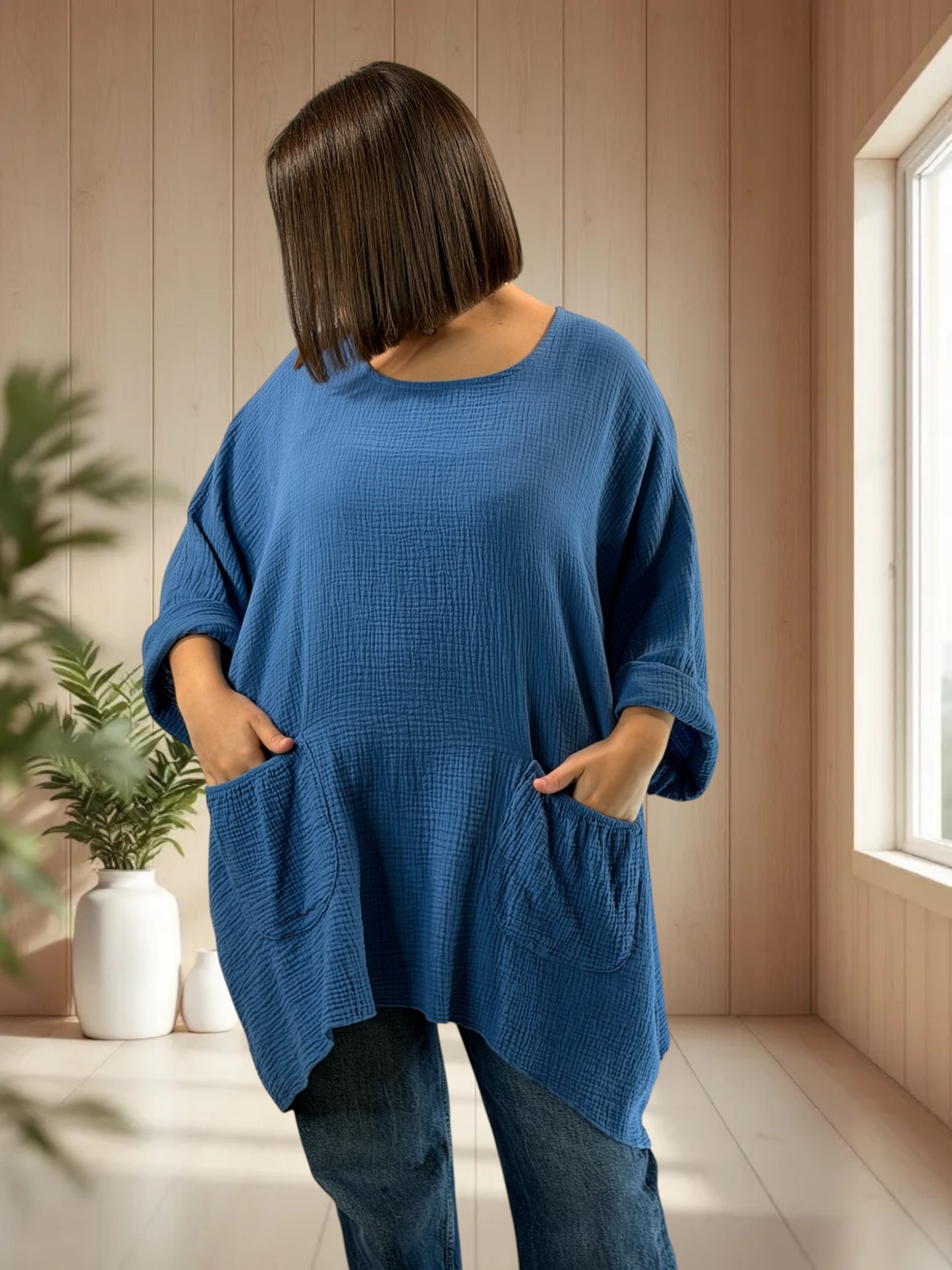ANAIS - TUNIQUE OVERSIZE BLEUE JEAN EN GAZE DE COTON JUSQU'A LA TAILLE 58