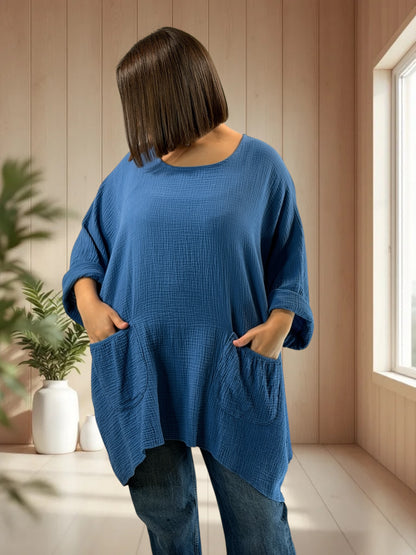 ANAIS - TUNIQUE OVERSIZE BLEUE JEAN EN GAZE DE COTON JUSQU'A LA TAILLE 58