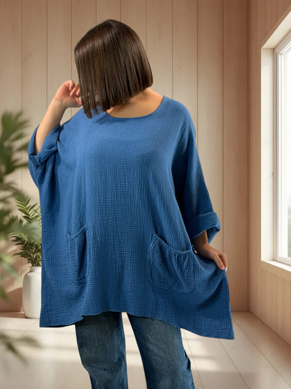 ANAIS - TUNIQUE OVERSIZE BLEUE JEAN EN GAZE DE COTON JUSQU'A LA TAILLE 58