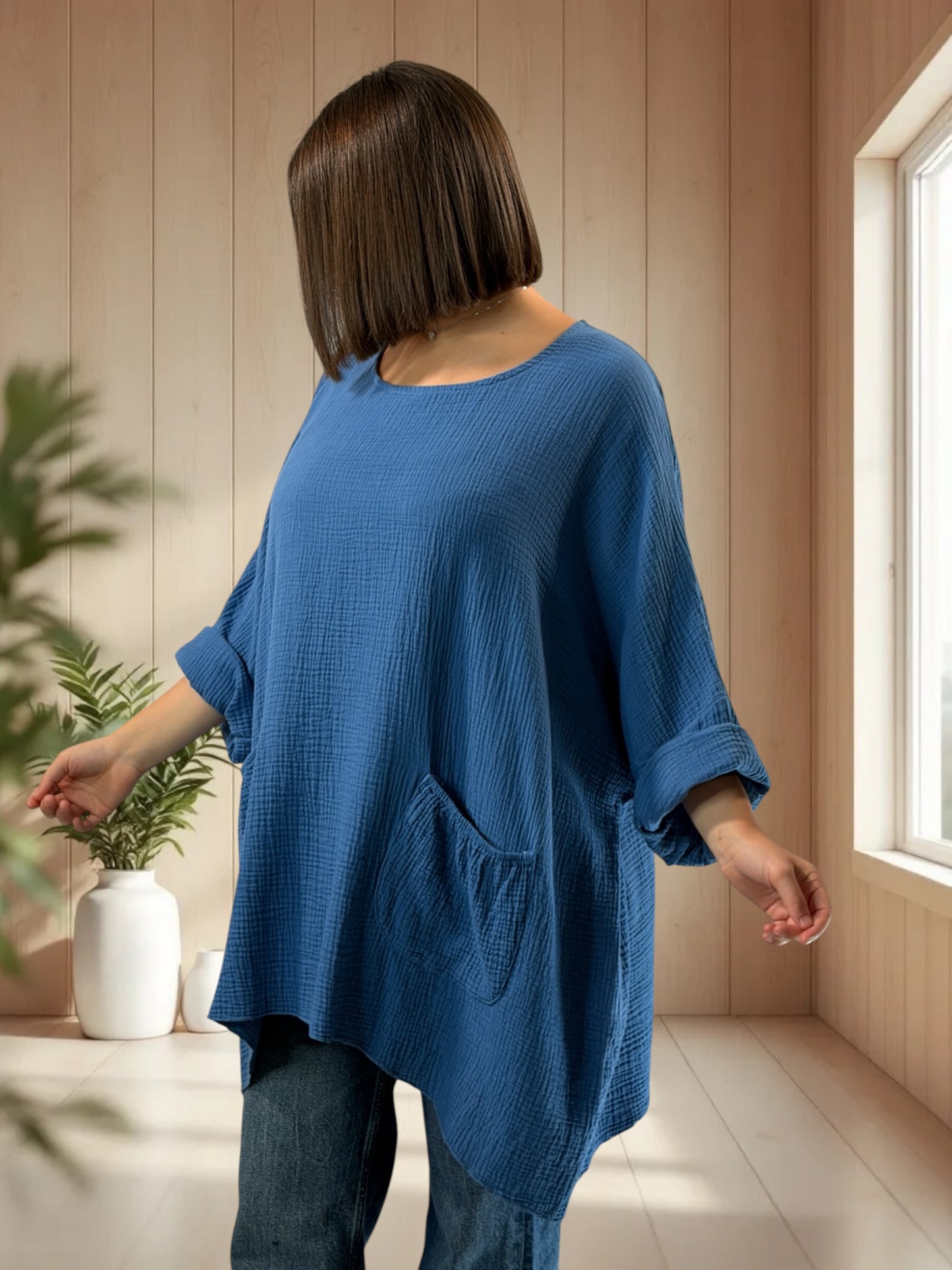 ANAIS - TUNIQUE OVERSIZE BLEUE JEAN EN GAZE DE COTON JUSQU'A LA TAILLE 58