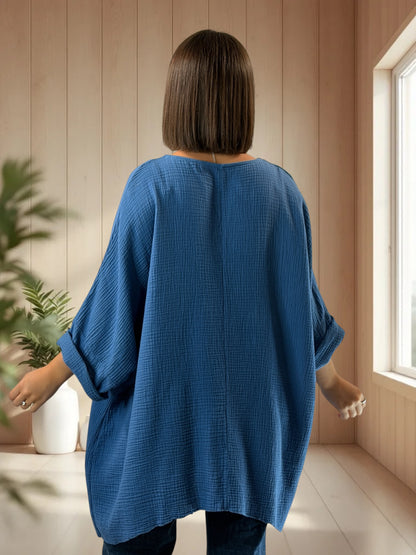 ANAIS - TUNIQUE OVERSIZE BLEUE JEAN EN GAZE DE COTON JUSQU'A LA TAILLE 58