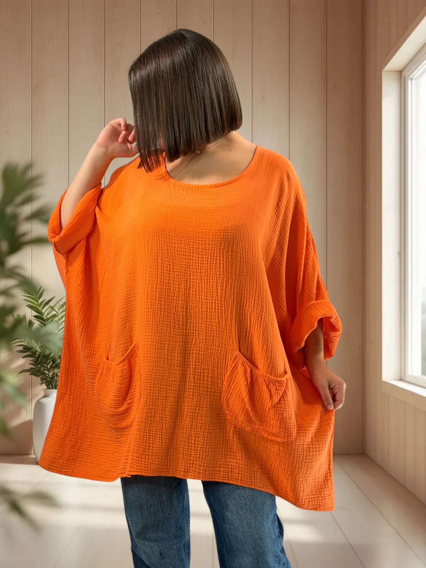 ANAIS - TUNIQUE OVERSIZE ORANGE EN GAZE DE COTON JUSQU'A LA TAILLE 58