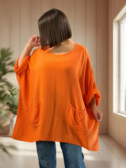 ANAIS - TUNIQUE OVERSIZE ORANGE EN GAZE DE COTON JUSQU'A LA TAILLE 58