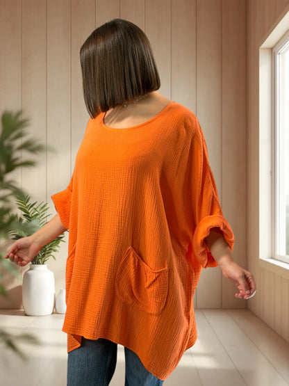 ANAIS - TUNIQUE OVERSIZE ORANGE EN GAZE DE COTON JUSQU'A LA TAILLE 58