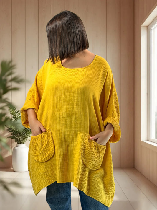ANAIS - TUNIQUE OVERSIZE JAUNE EN GAZE DE COTON JUSQU'A LA TAILLE 58