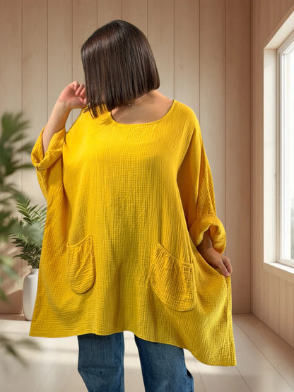 ANAIS - TUNIQUE OVERSIZE JAUNE EN GAZE DE COTON JUSQU'A LA TAILLE 58