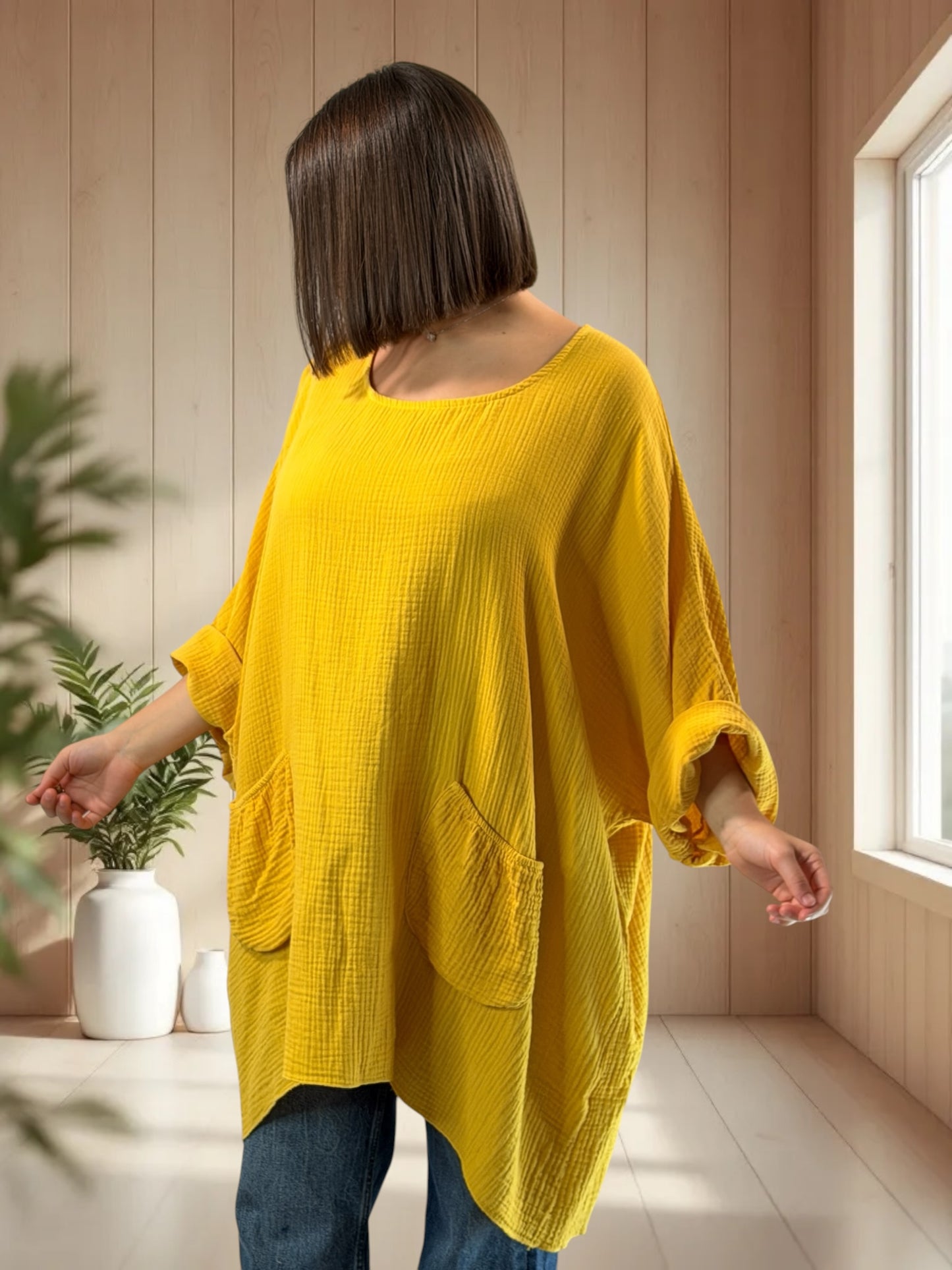 ANAIS - TUNIQUE OVERSIZE JAUNE EN GAZE DE COTON JUSQU'A LA TAILLE 58