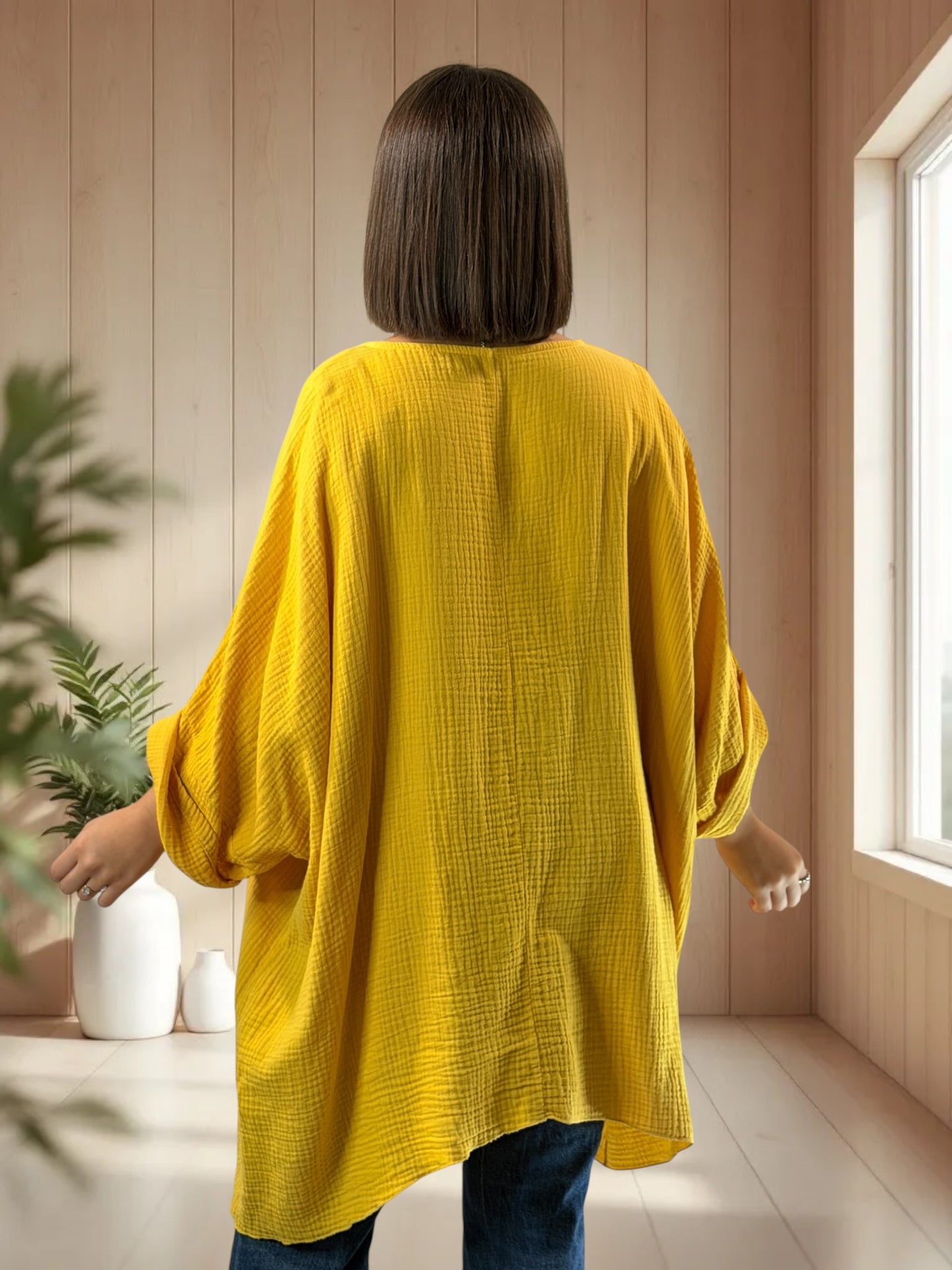 ANAIS - TUNIQUE OVERSIZE JAUNE EN GAZE DE COTON JUSQU'A LA TAILLE 58